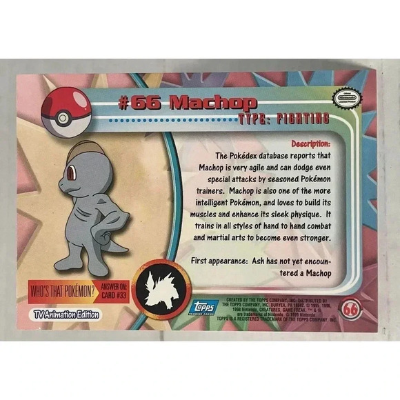 Pokemon Card Machop #66 TOPPS Series 1 NM 1999 Non-Holo TV Animation Edition - Picture 4 of 14